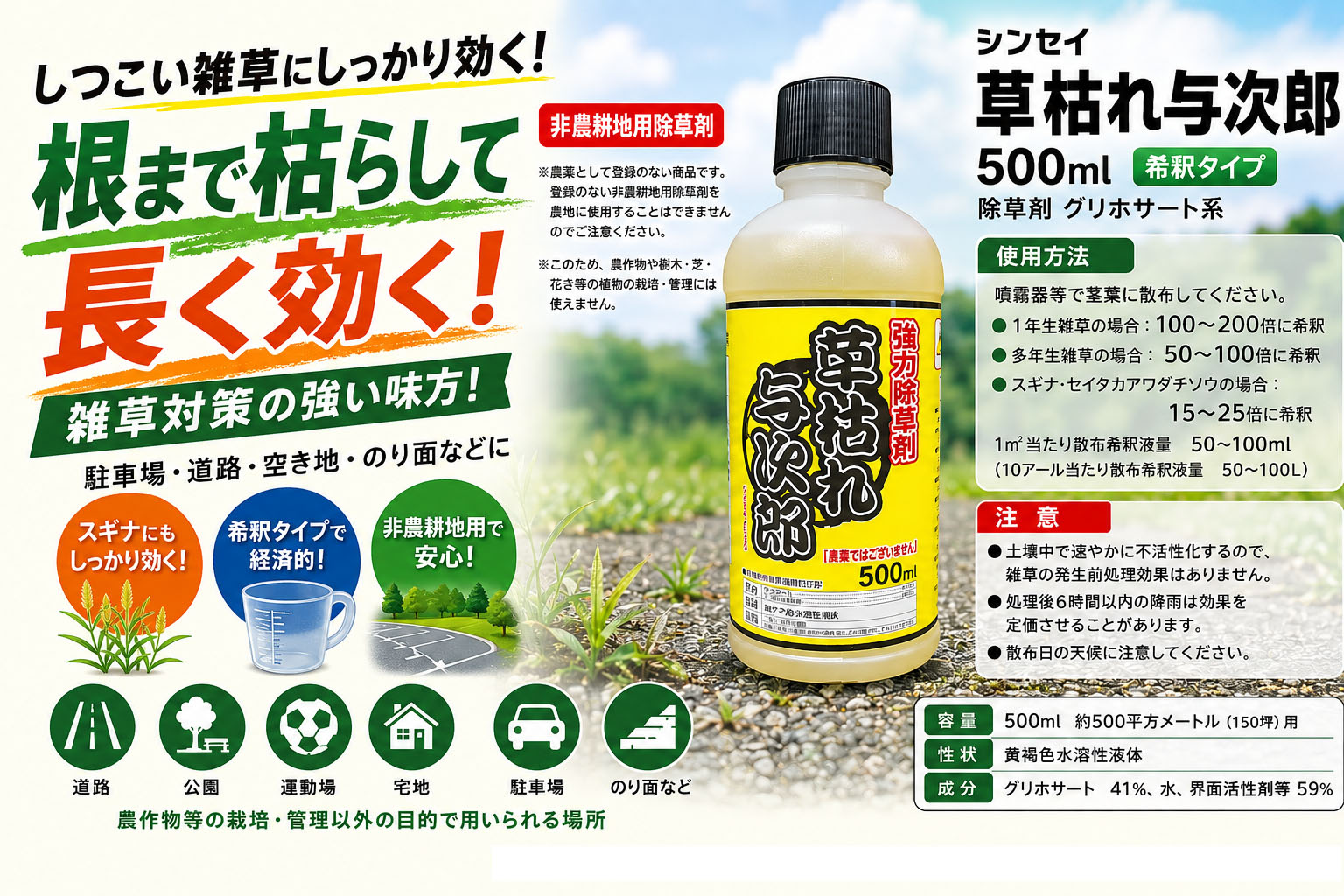 非農耕地用除草剤 シンセイ 草枯れ与次郎 500ml 除草剤 グリホサート系
