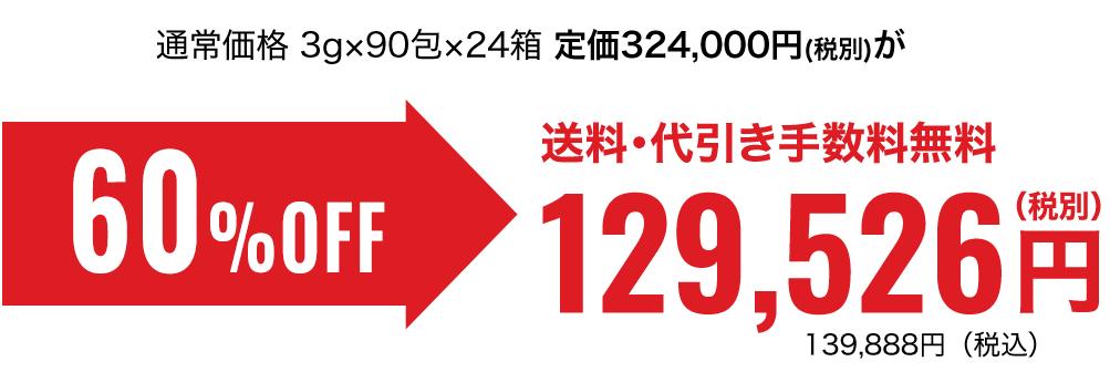 通常価格 3g×90包×24箱 定価324,000円(税別)が60％OFF　129,526円