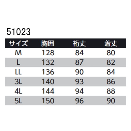 防寒コート/SK/51023/サイズ表