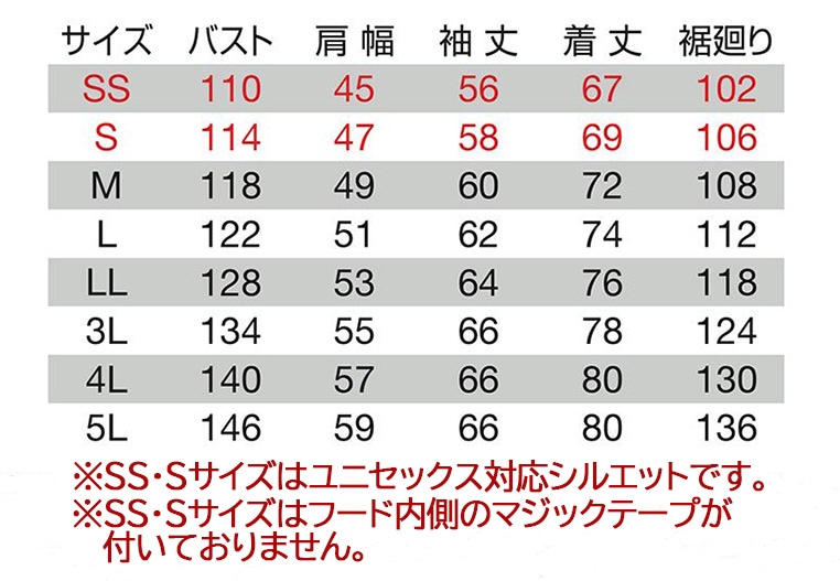 バートル/防風カーゴパンツ/7610/男女兼用/のらぎや/サイズ表