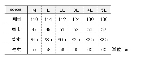 GC2005サイズ表