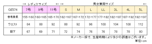 GE574/サロペット/メーカーサイズ表