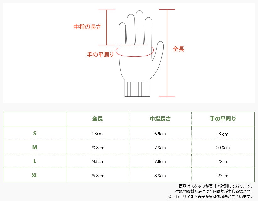 ユニワールド/手袋/防寒手袋/WG338/防水/のらぎや/サイズ表