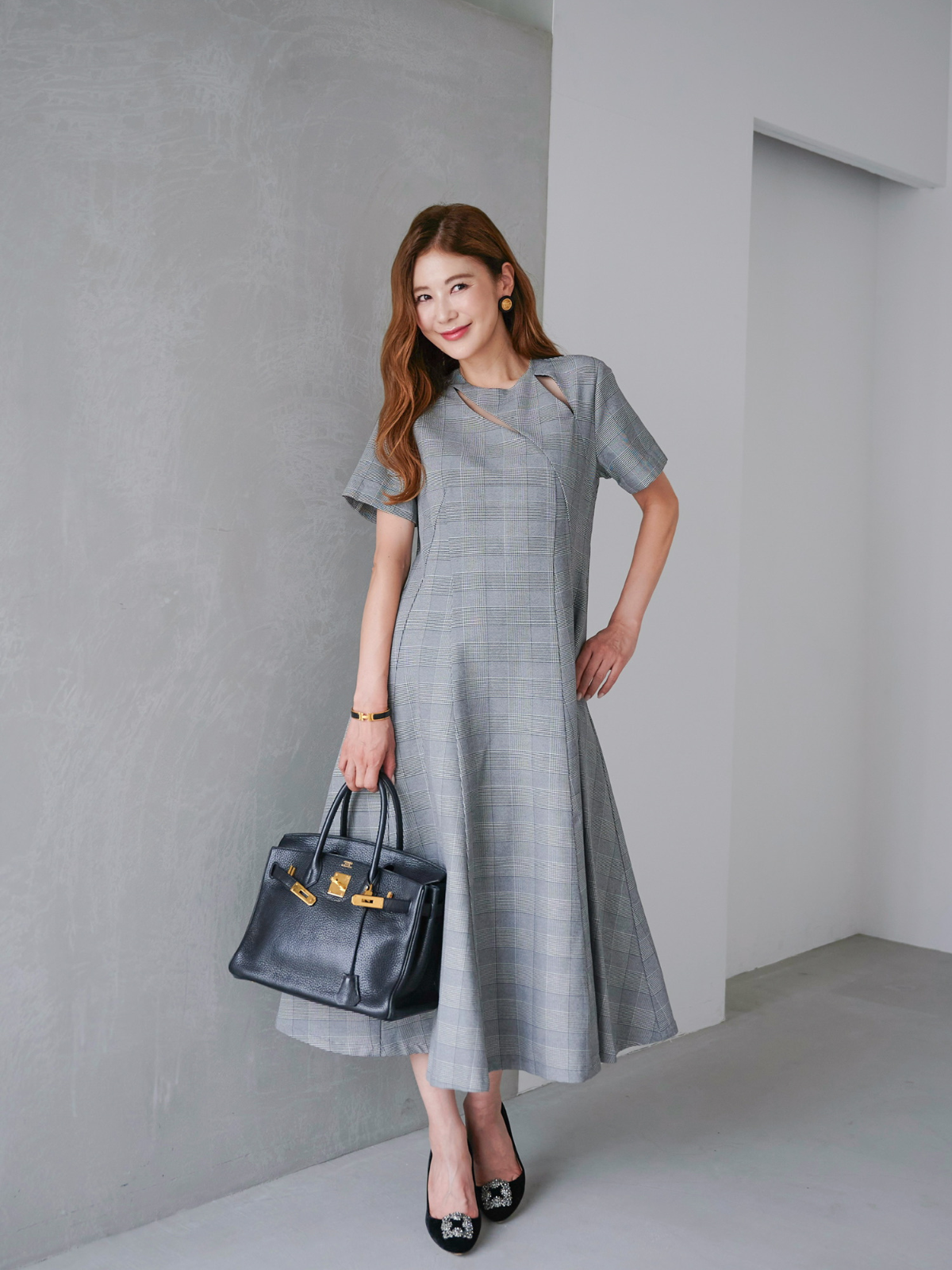 グレンチェックカットアウトワンピース