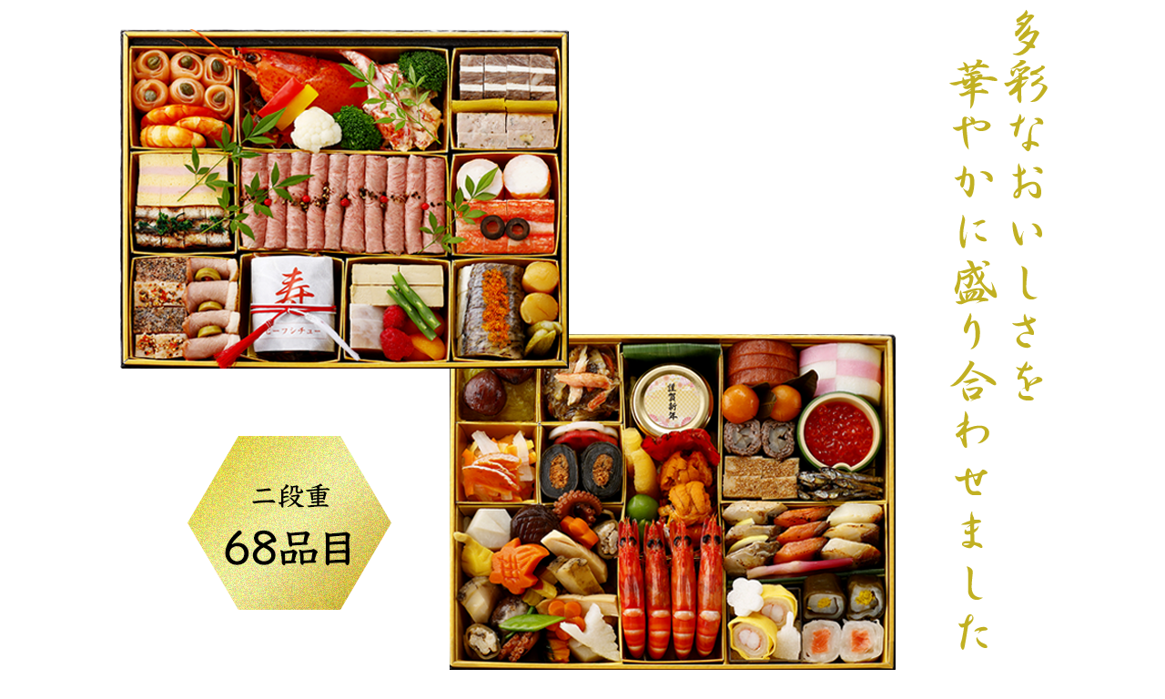 多彩なおいしさを華やかに盛り合わせました 二段重68品目