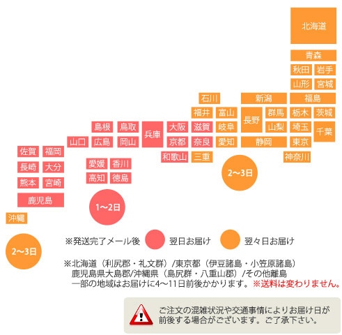 東日本は発送完了メール後2～3日、西日本は1～2日でのお届けになります。離島等一部地域はそれ以上かかる場合がございます。