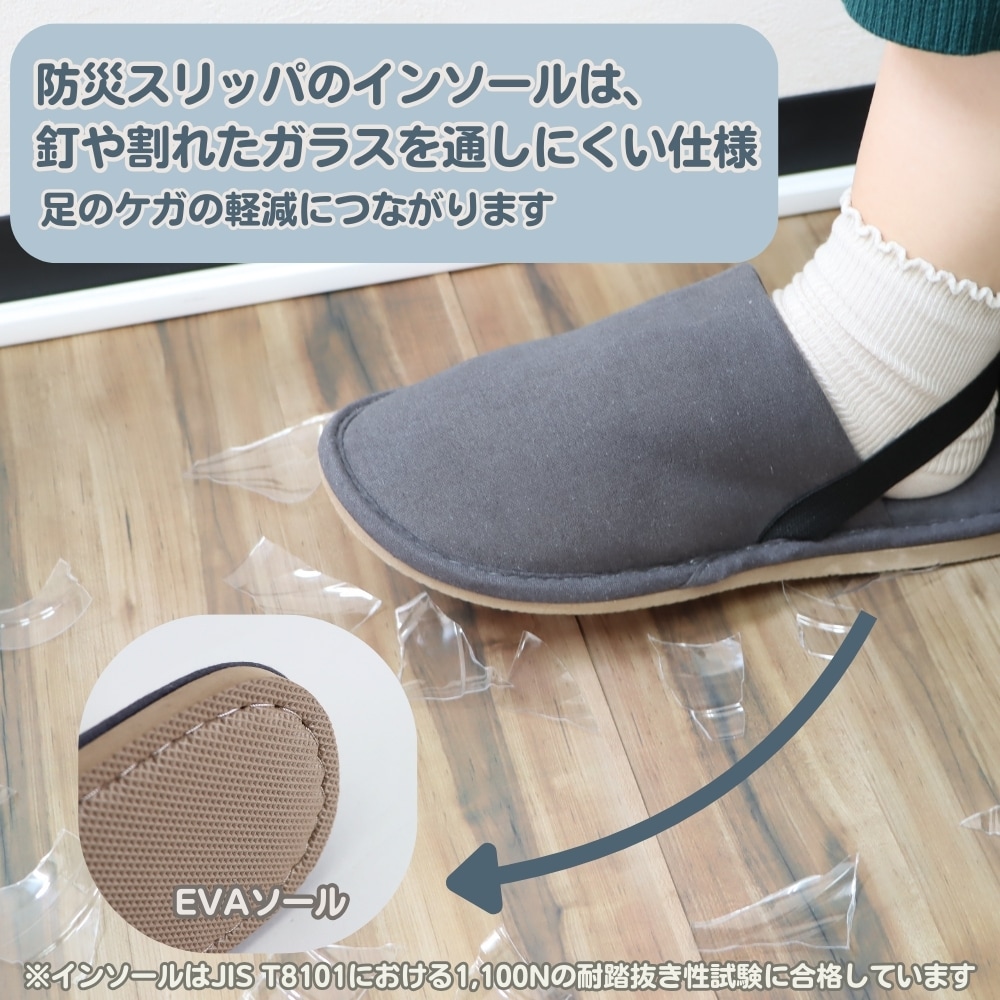 かかとにフィットして脱げにくい防災スリッパのゴムバンド仕様