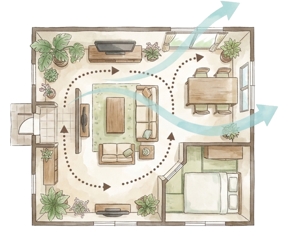 部屋の気の流れを示す間取りイラスト(矢印付き)