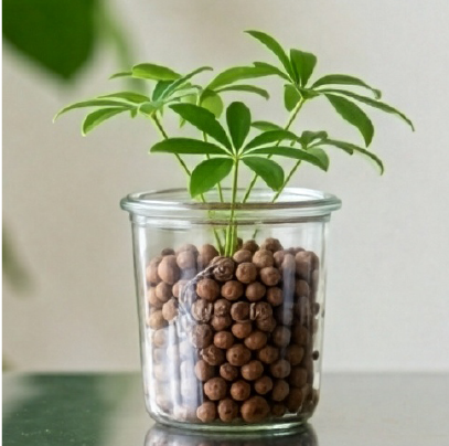 ガラス瓶にハイドロカルチャーで植えた植物の写真