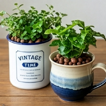 ホーロー缶とヴィンテージマグに植えた植物の写真