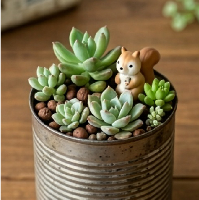 ブリキ缶に多肉植物を寄せ植えした写真