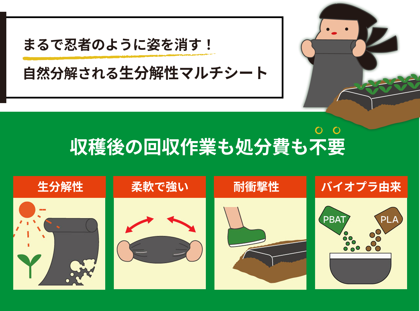 まるで忍者のように姿を消す！自然分解される生分解性マルチシート