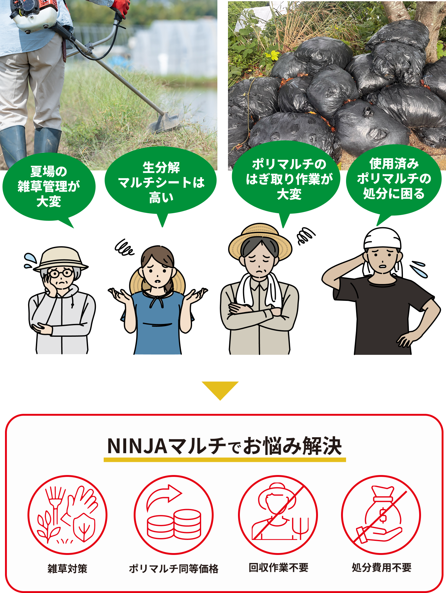 夏場の雑草管理が大変、生分解マルチシートは高い、ポリマルチのはぎ取り作業が大変、使用済みポリマルチの処分に困る→NINJAマルチならすべて解決！