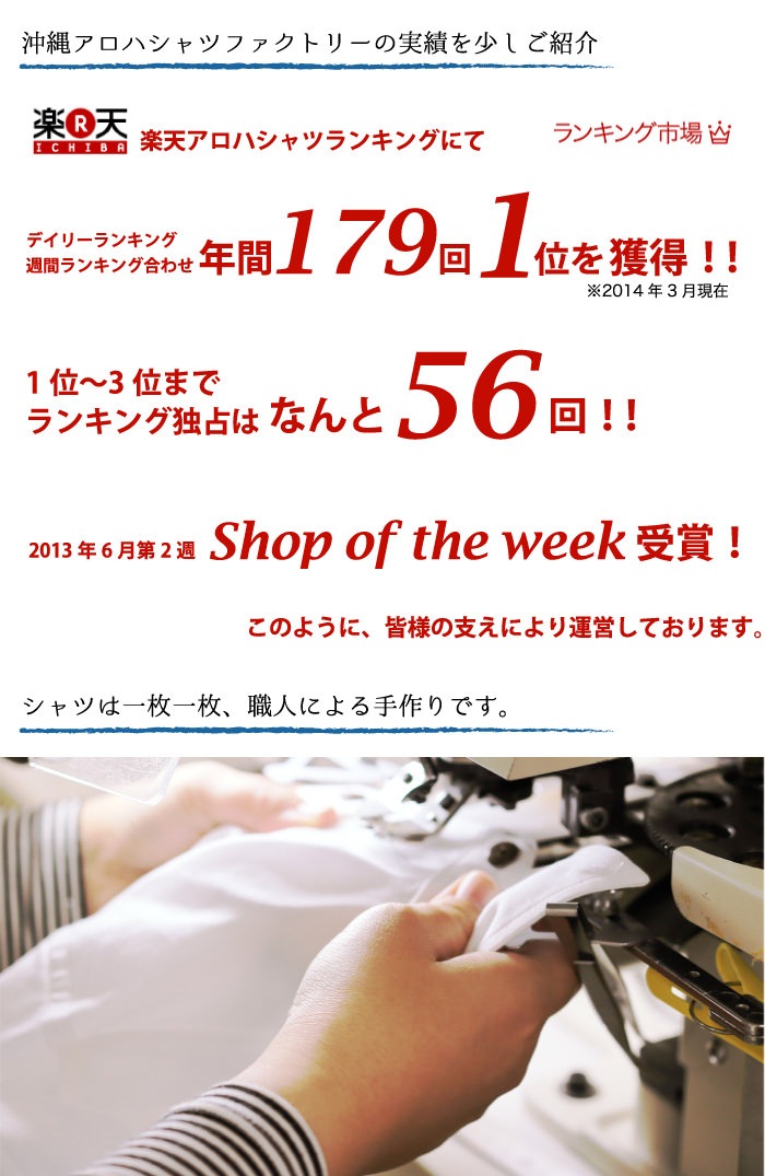 楽天沖縄アロハシャツランキングにて、年間179回1位を獲得、1位から3位までのランキング独占は56回、2013年6月Shop of the week受賞。