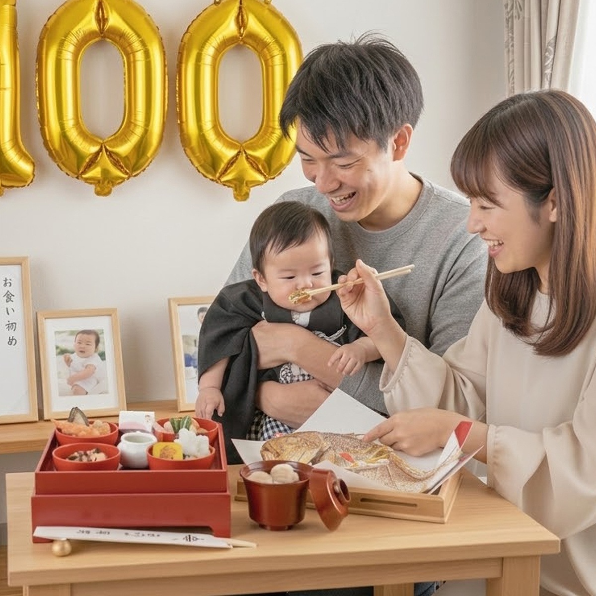 初めてのお食い初めを執り行っている家族