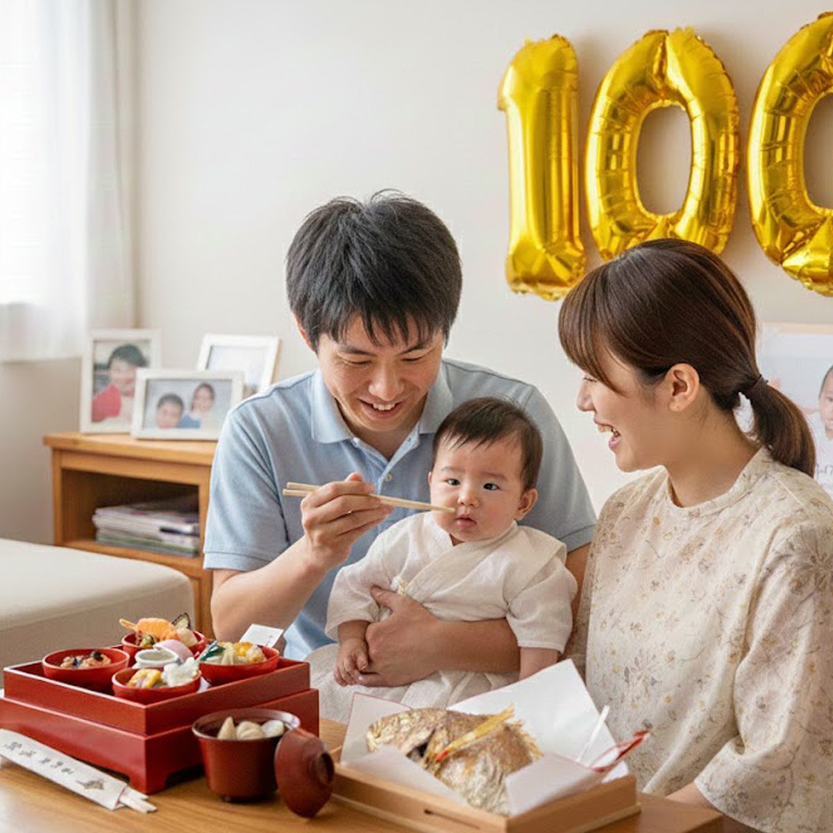 初めてのお食い初めをしている夫婦と赤ちゃん