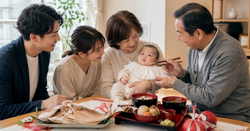 祖父母と両親が赤ちゃんを囲み自宅でお食い初めを祝うイメージ