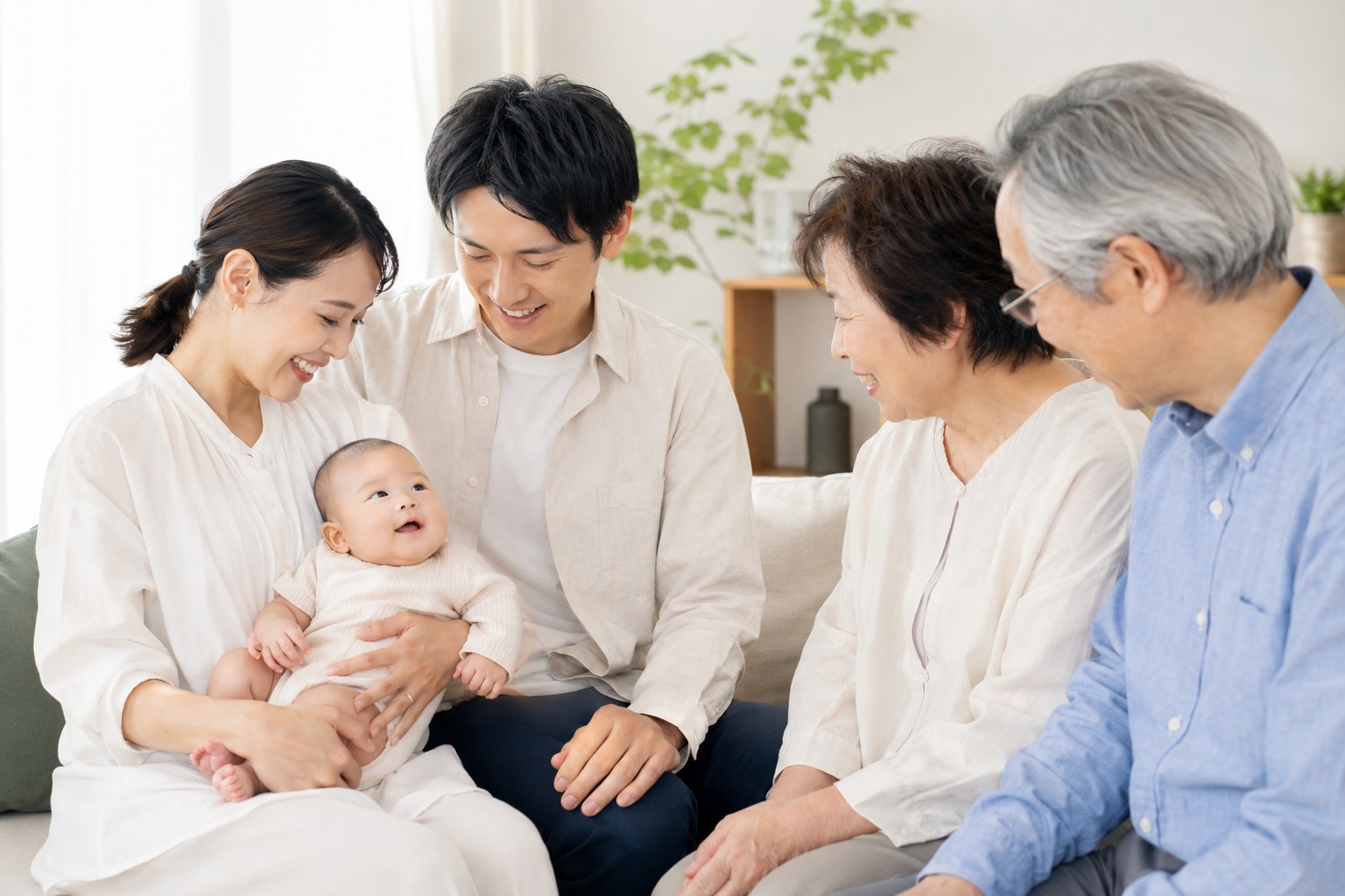自宅で赤ちゃんを囲み、穏やかに過ごす両親と祖父母のイメージ