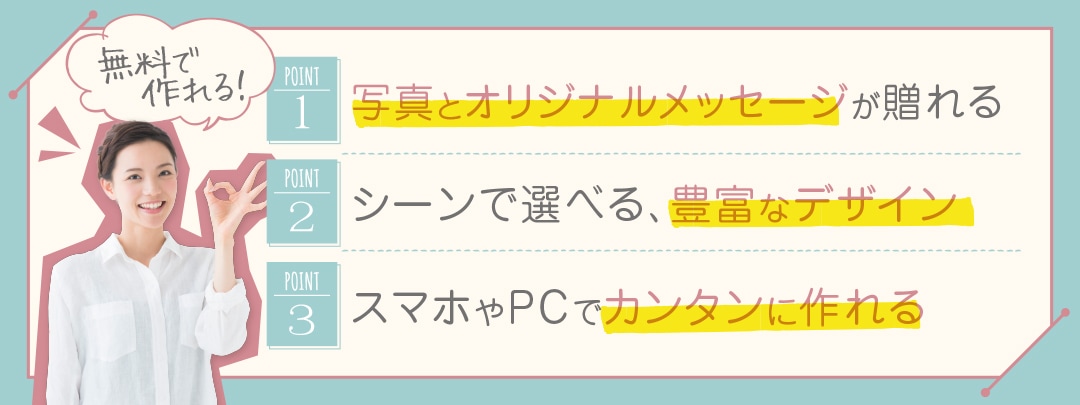 オリジナルメッセージカード３つのポイント・(point1)写真とオリジナルメッセージが贈れる(point2)シーンで選べる豊富なでデザイン(point3)スマホやPCで簡単に作れる