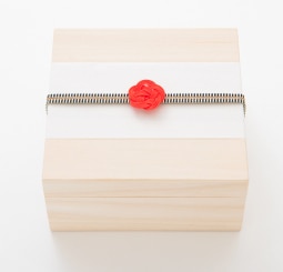 紅白の和紙と水引で装飾された、贈答用の上質な桐箱。