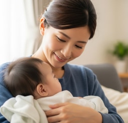 優しく微笑む母親が、安心した表情で眠る赤ちゃんを抱っこしている様子。