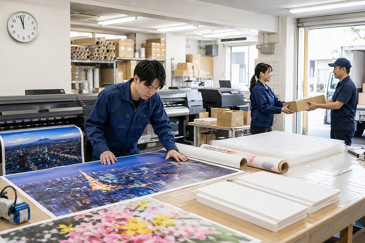 急ぎの大判印刷・当日発送に対応する印刷工場と発送作業のイメージ