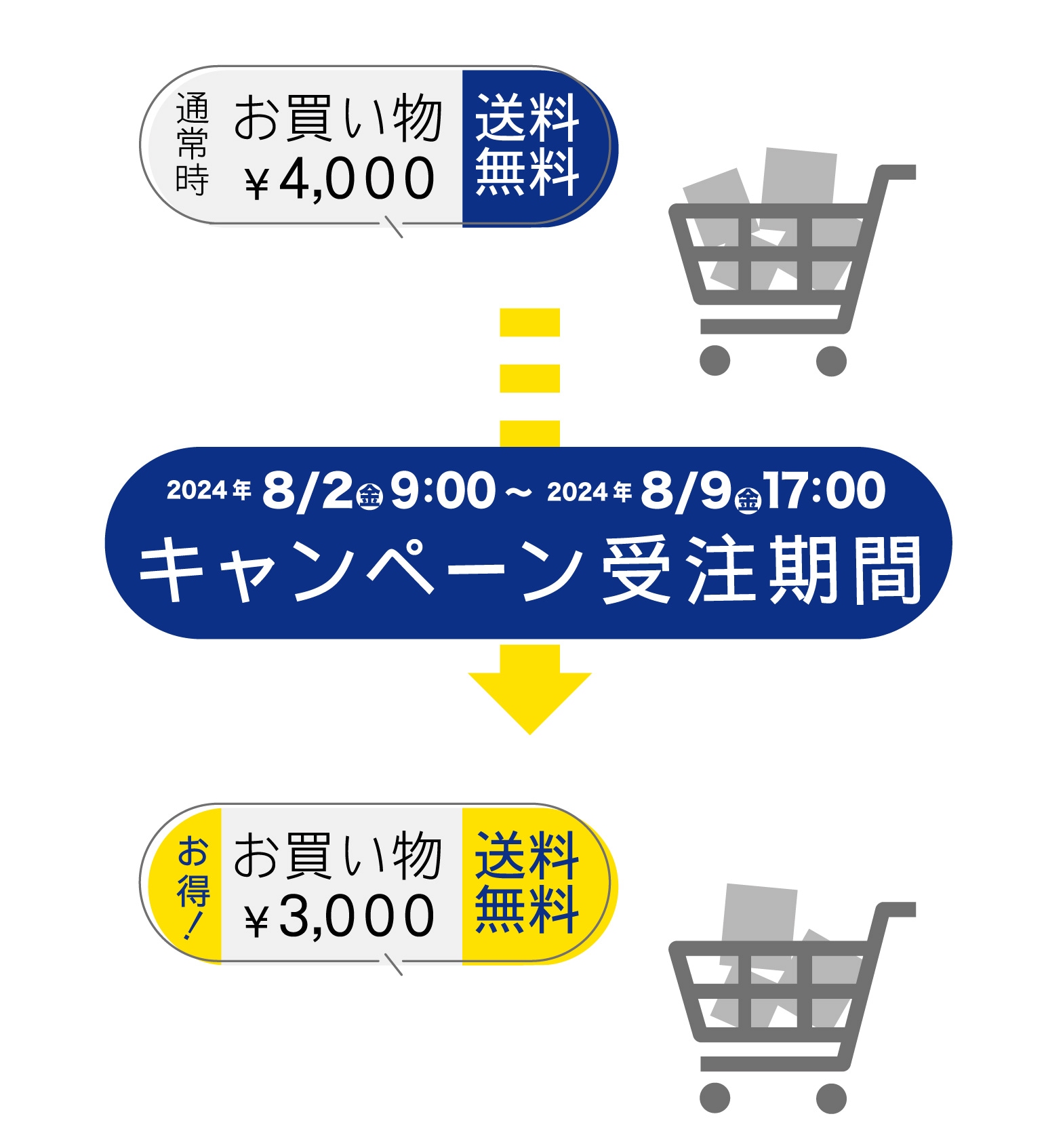 夏のお得な送料無料プライスダウンキャンペーン！
受注期間は8/2（金）9時から8/9（金）17時まで。通常4000以上お買い上げで送料無料を3000円以上で送料無料！