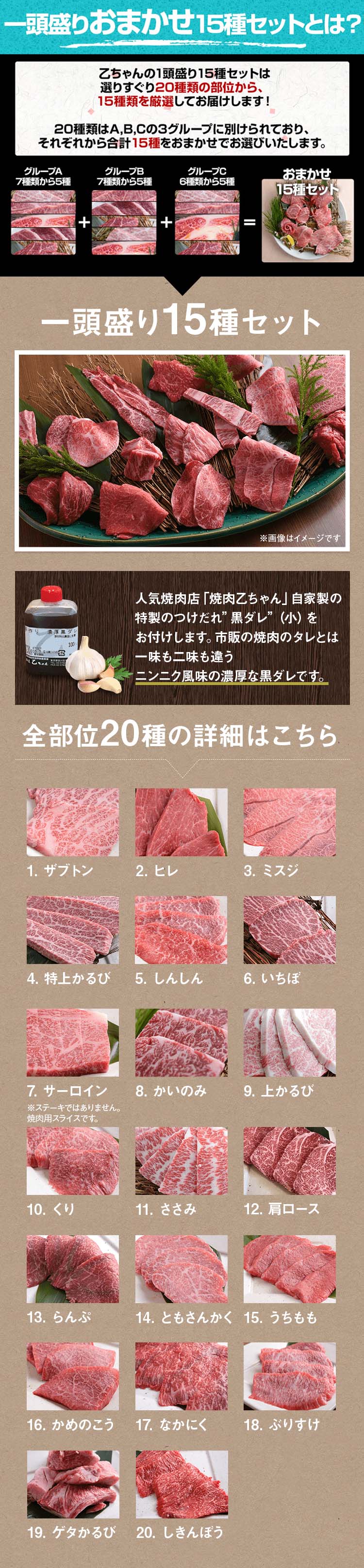 おまかせ一頭盛り　15種　60ｇ×15種（５～６人前） A4/A5等級 冷凍 タレ付き 最高級 国産黒毛和牛 一頭買い 極上雌牛 バーベキュー  ＢＢＱ-牛匠乙ちゃん