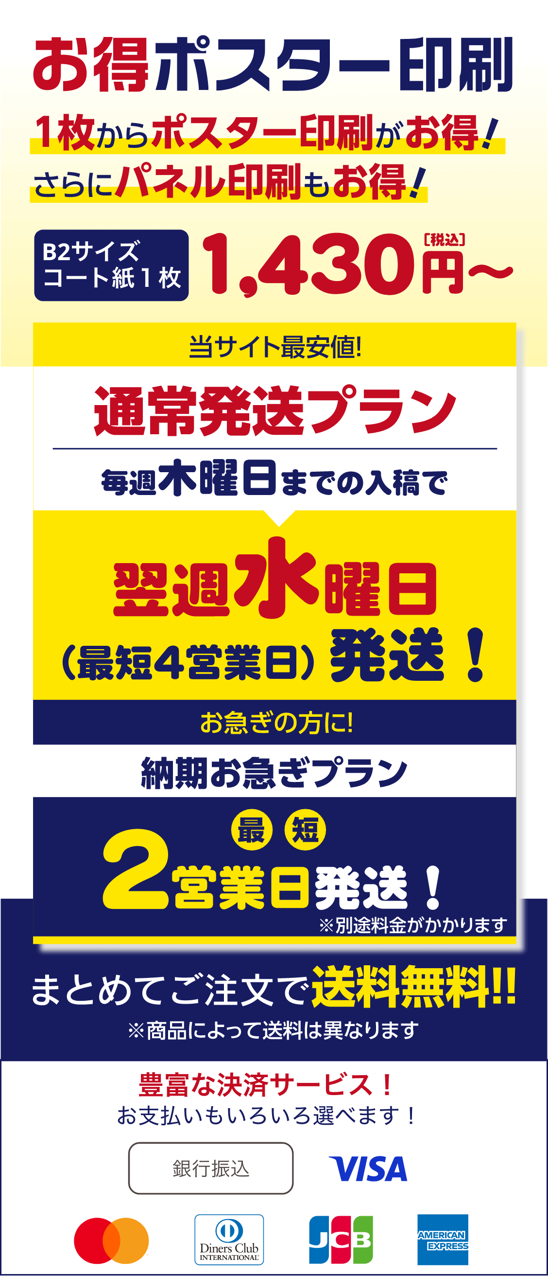 お得ポスター印刷1枚からポスター印刷がお得！さらにパネル印刷もお得！A2サイズコート1枚1.430円（税込）〜　当サイトの最安値！通常発送プラン毎週木曜日までの入稿で最短4日営業日（翌日水曜日）発送！お急ぎの方に！納期お急ぎプラン最短2営業日発送！※別途料金がかかります。まとめてご注文で送料無料※商品によって送料は異なります。豊富な決済サービス！お支払いもいろいろ選べます！クレジットカード決済、楽天Pay、PayPay、銀行振込