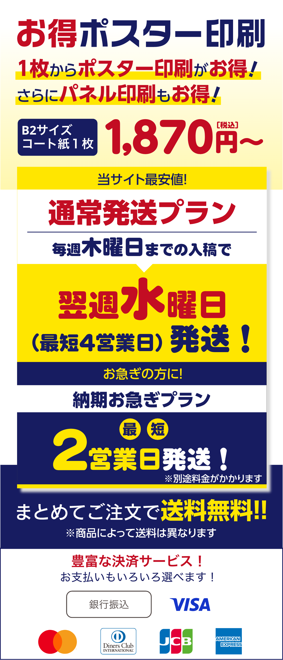お得ポスター印刷1枚からポスター印刷がお得！さらにパネル印刷もお得！A2サイズコート1枚1.870円（税込）〜　当サイトの最安値！通常発送プラン毎週木曜日までの入稿で最短4日営業日（翌日水曜日）発送！お急ぎの方に！納期お急ぎプラン最短2営業日発送！※別途料金がかかります。まとめてご注文で送料無料※商品によって送料は異なります。豊富な決済サービス！お支払いもいろいろ選べます！クレジットカード決済、楽天Pay、PayPay、銀行振込
