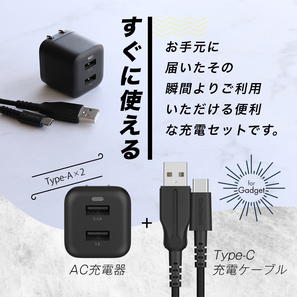 最大17W USB Type-A 2ポート AC充電器 超タフUSB Type-A to USB Type-C