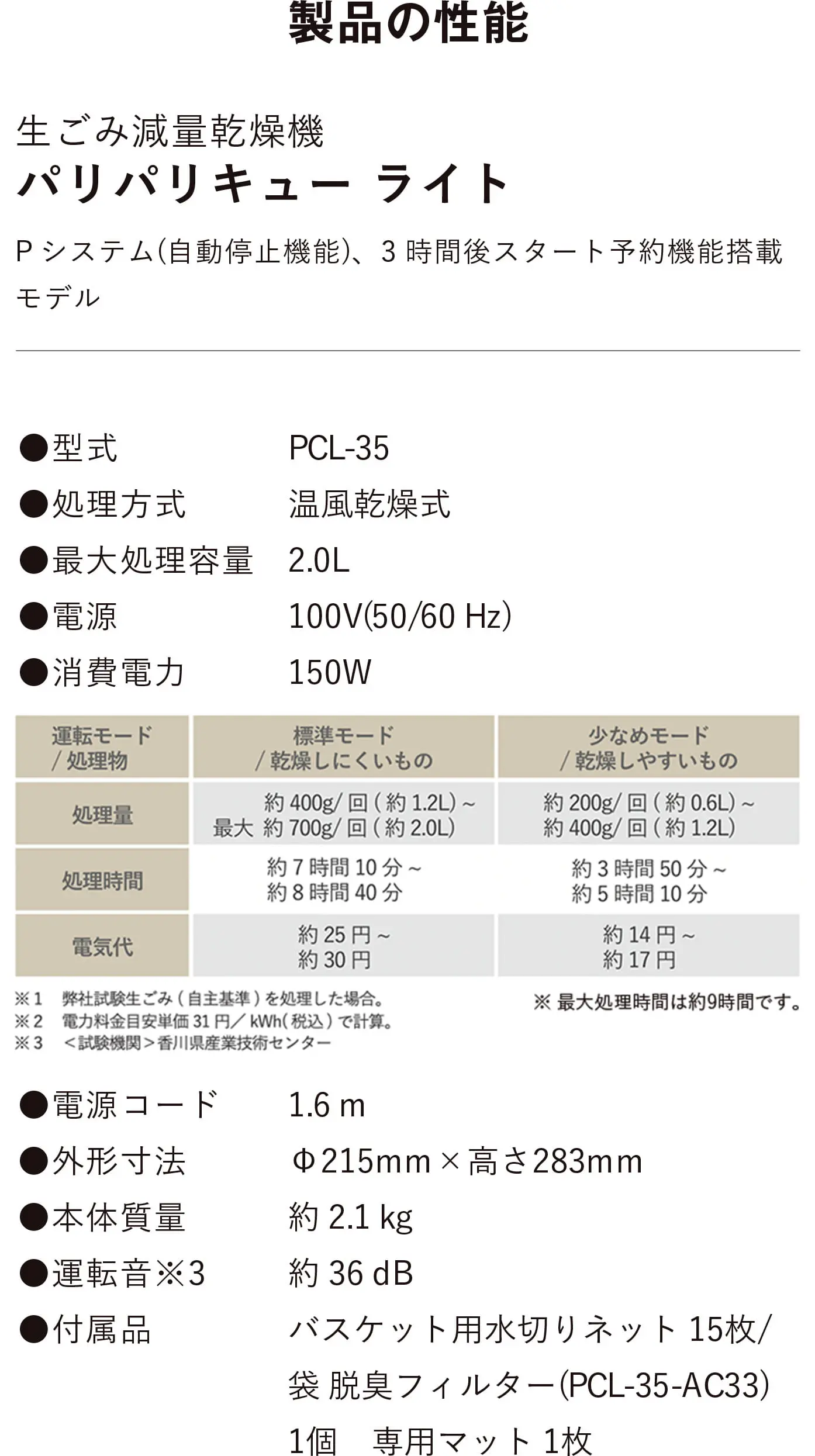 製品の性能 生ごみ減量乾燥機 パリパリキュー ●型式 PCL-35●処理方式 温風乾燥式●最大処理容量 2.0L●電源100V(50/60 Hz)●消費電力 150W