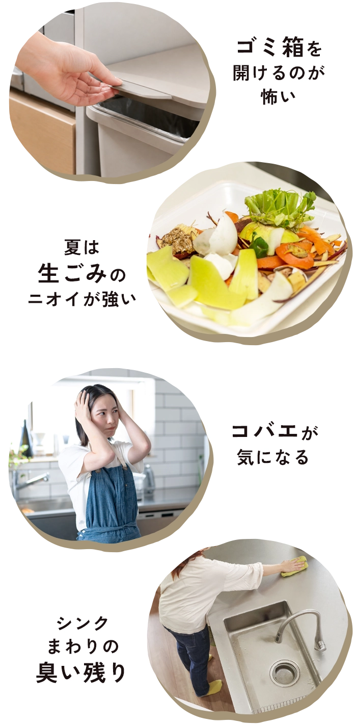 ゴミ箱を開けるのが怖い/夏は生ごみのニオイが強い/コバエが気になる/シンクまわりの臭い残り