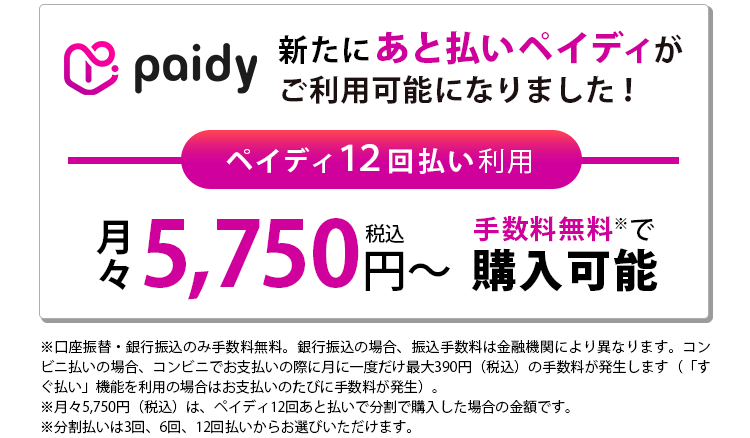 新たにあと払いペイディがご利用可能になりました！ペイディ12回払い利用月々5,750円（税込）～手数料無料で購入可能