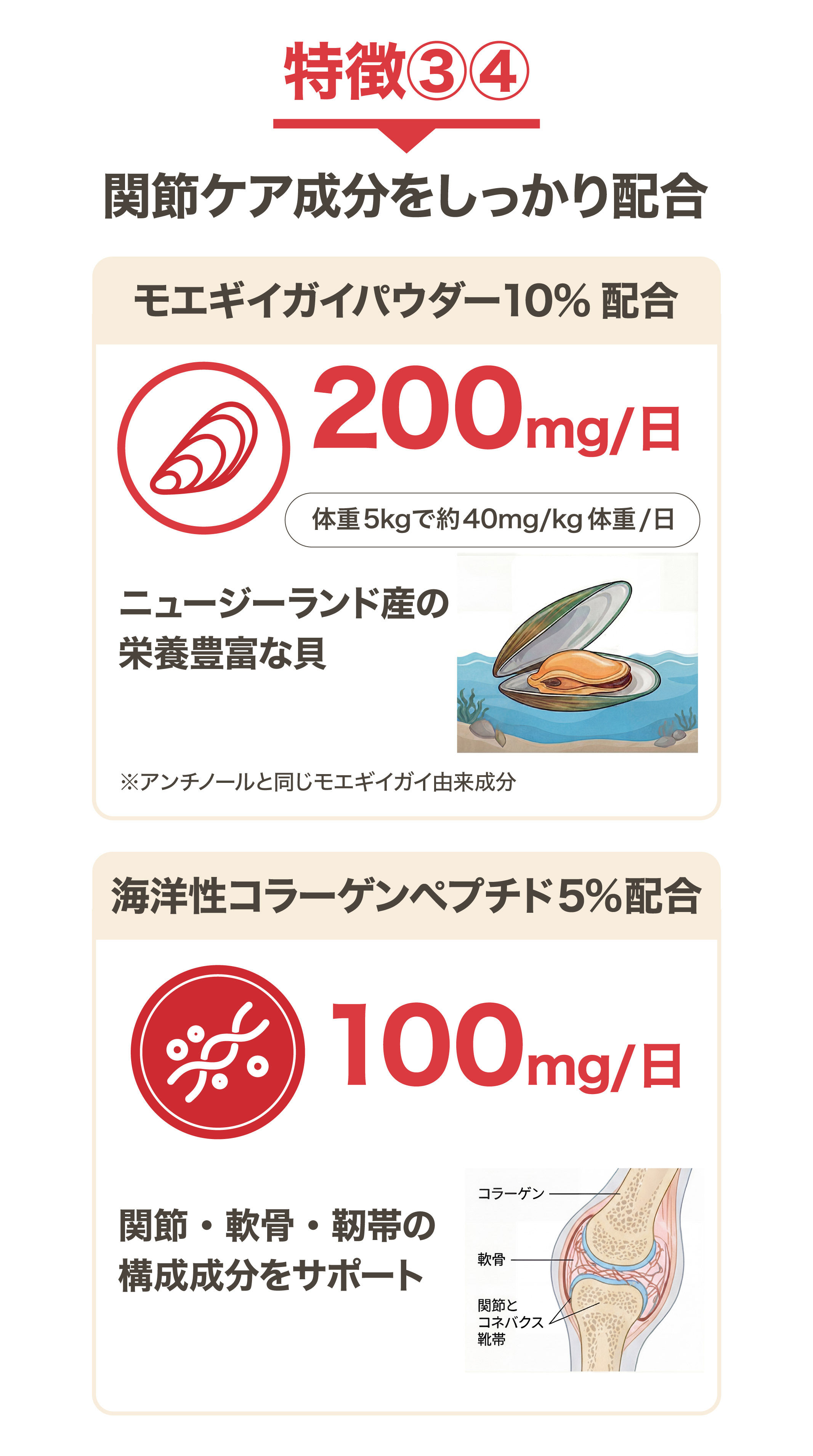 特徴3・4 モエギイガイパウダー10%配合で1日200mg ニュージーランド産 海洋性コラーゲンペプチド5%配合で1日100mg 関節・軟骨・靭帯をサポート