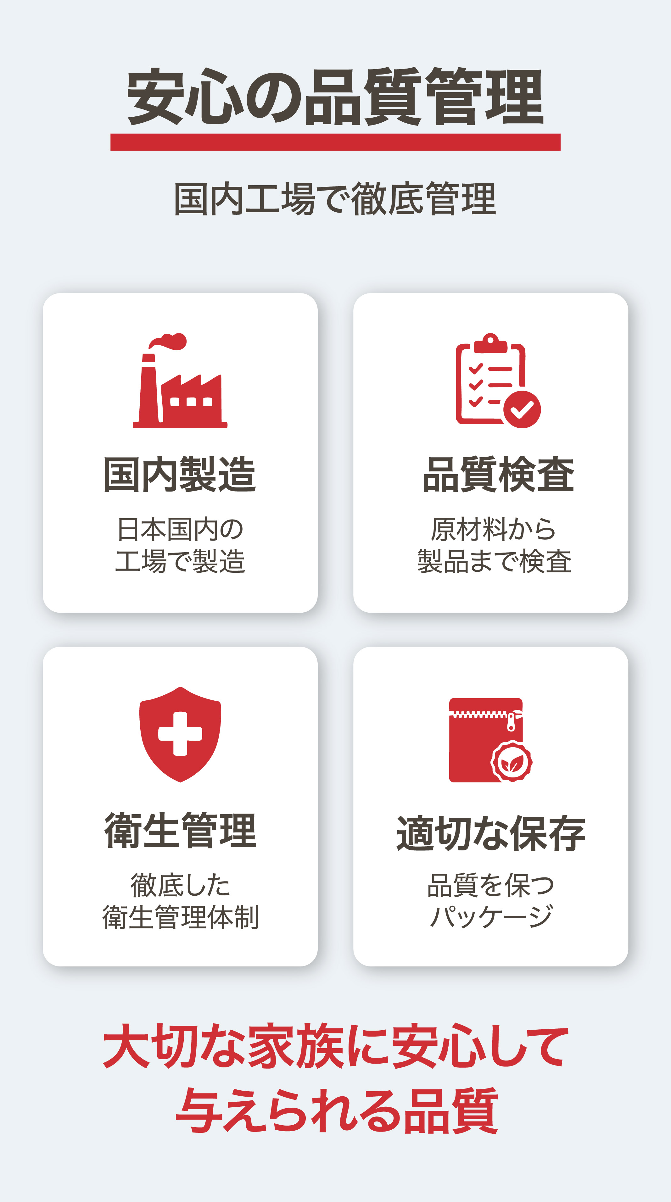 安心の品質管理 国内工場で徹底管理 国内製造 品質検査 衛生管理 適切な保存 大切な家族に安心して与えられる品質