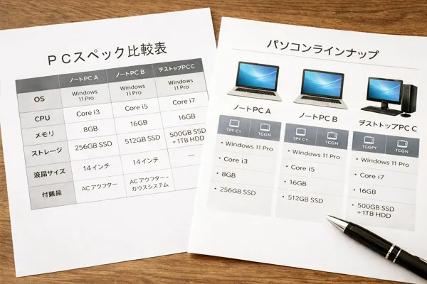 法人向け中古パソコンのスペック比較表を確認する担当者