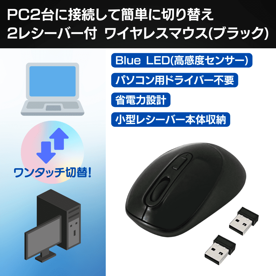 PC2台に接続して簡単に切り替え！2レシーバー付ワイヤレスマウス