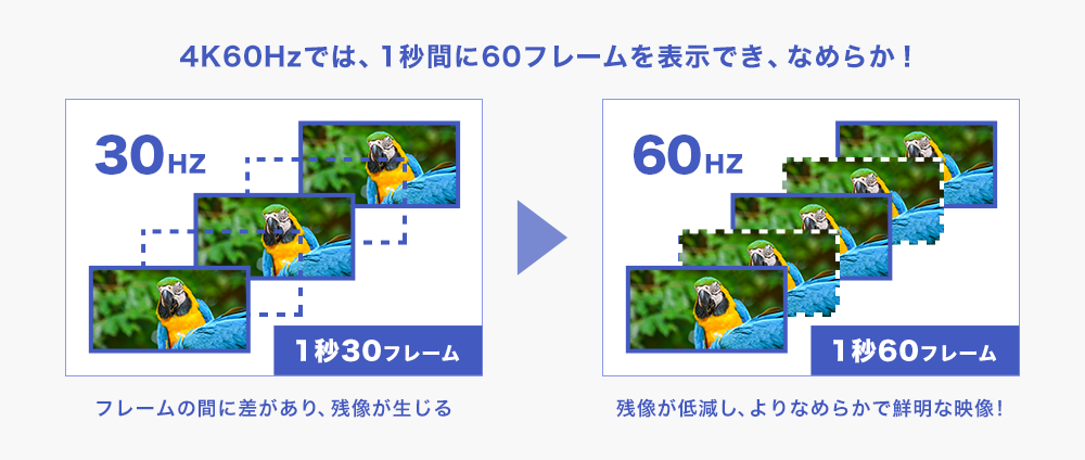 4K 60Hzに対応！1秒間に60フレームを表示でき、4K映像をなめらかに！