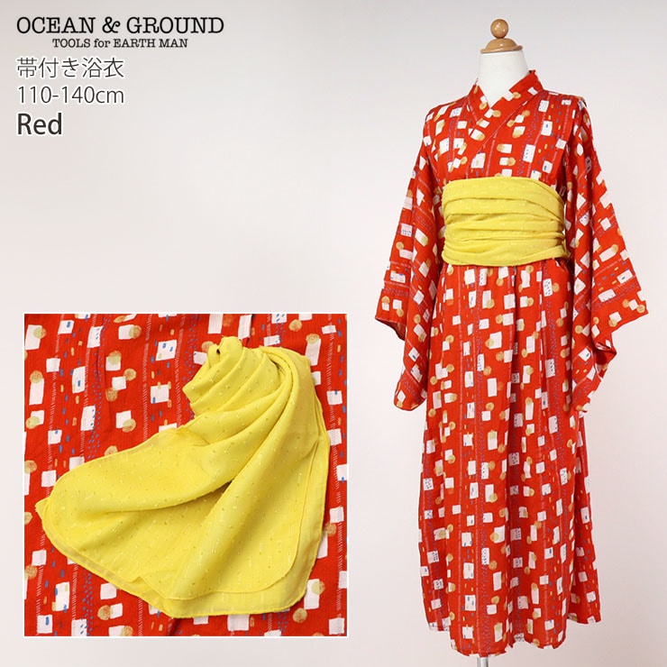 OCEAN&GROUND 浴衣ワンピース 帯付き テキスタイル 和柄 簡単 かぶり 