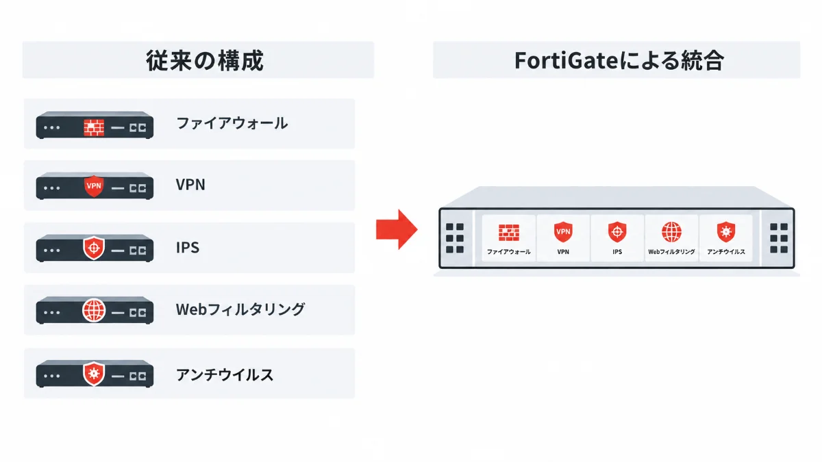 ファイアウォールやVPN、IPSなど複数のセキュリティ機能を統合したFortiGateの構成イメージ