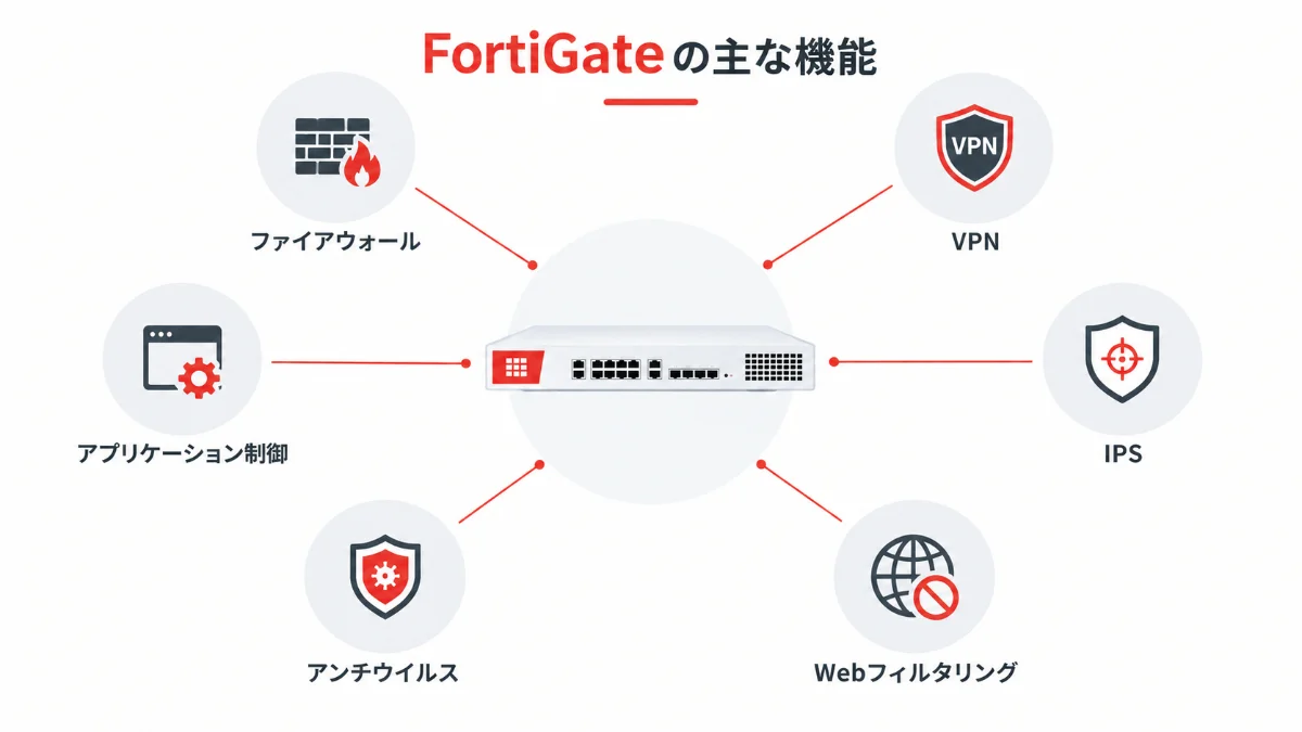 VPNやIPS、WebフィルタリングなどFortiGateの主要機能を示したイメージ