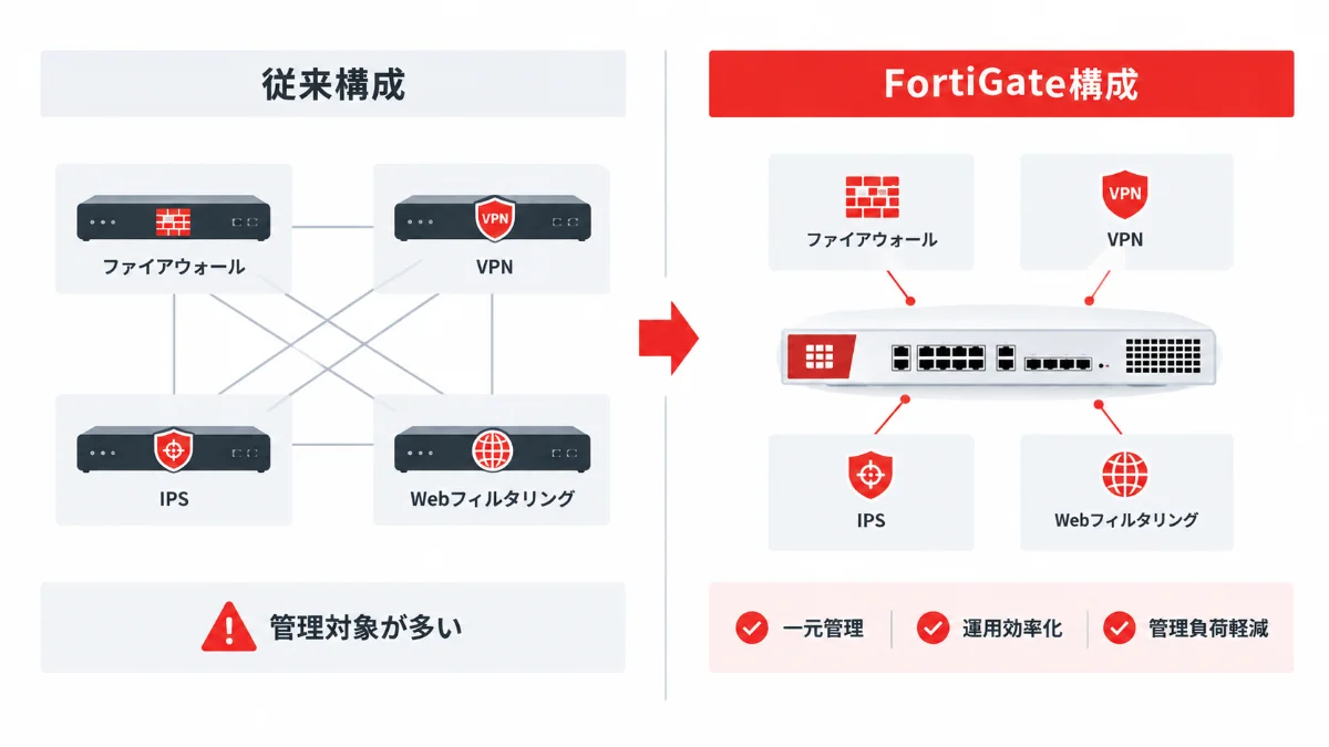 複数のセキュリティ機器をFortiGateに集約して管理するイメージ