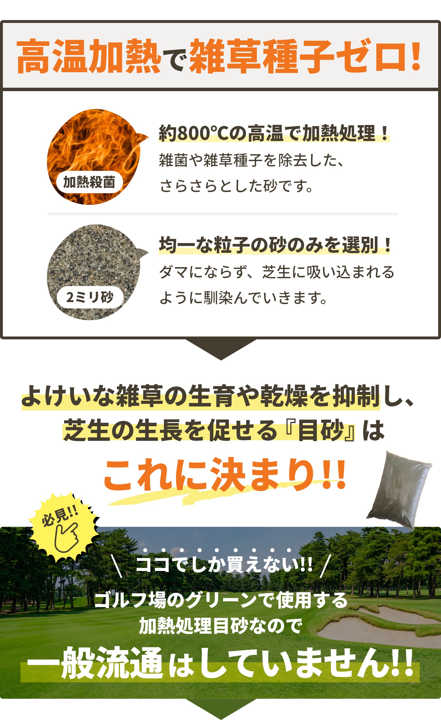 高温加熱で雑草種子ゼロ！よけいな雑草の生育や乾燥を抑制し、芝生の生長を促せる『目砂』はこれに決まり!!ゴルフ場のグリーンで使用する加熱処理目砂なので一般流通はしていません!!