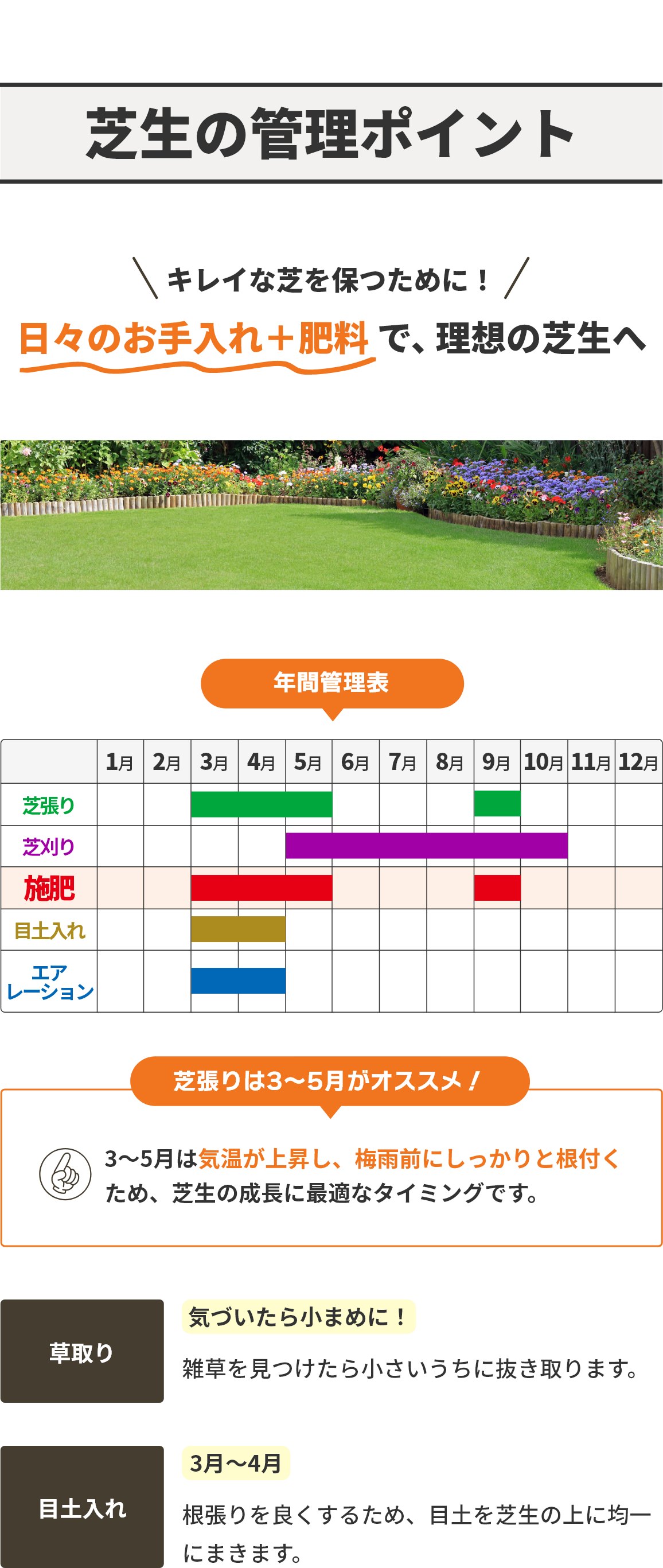 芝生の管理ポイント。キレイな芝を保つために！日々のお手入れ＋肥料で、理想の芝生へ