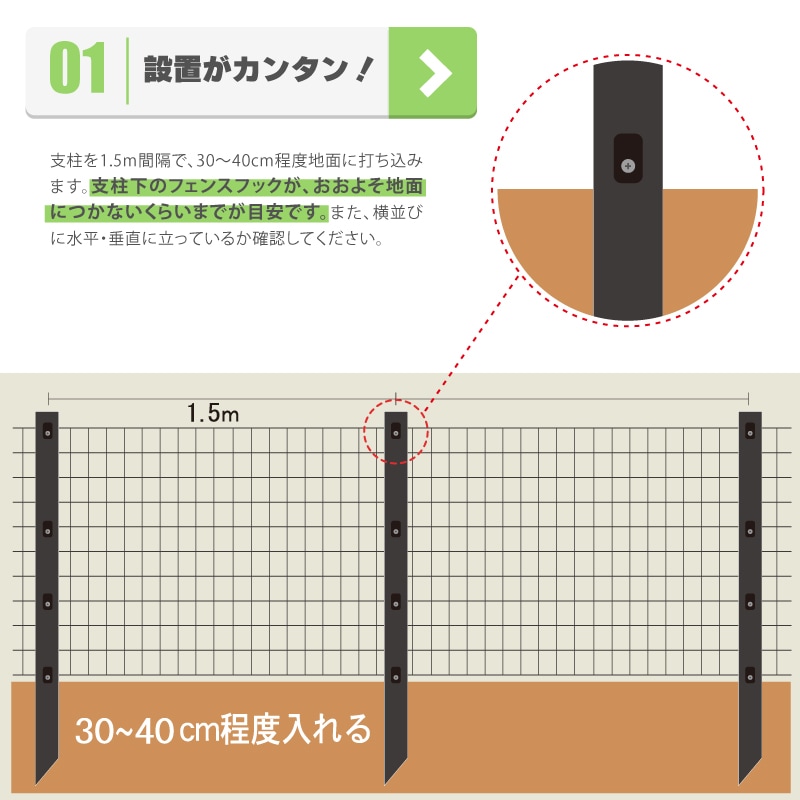 プラスワイズ本店｜黒 アニマルフェンス セット 1.5×15m (フェンス1巻