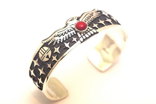 【POWWOWナゲッツ】 ホピバングル ジェラルド・ロマヴェンテマ作 《イーグル/ロザリタ》 内周16.8cm