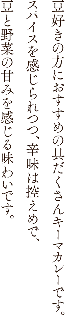 豆好きの方におすすめの具だくさんキーマカレーです。スパイスを感じられつつ、辛味は控えめで、豆と野菜の甘みを感じる味わいです。