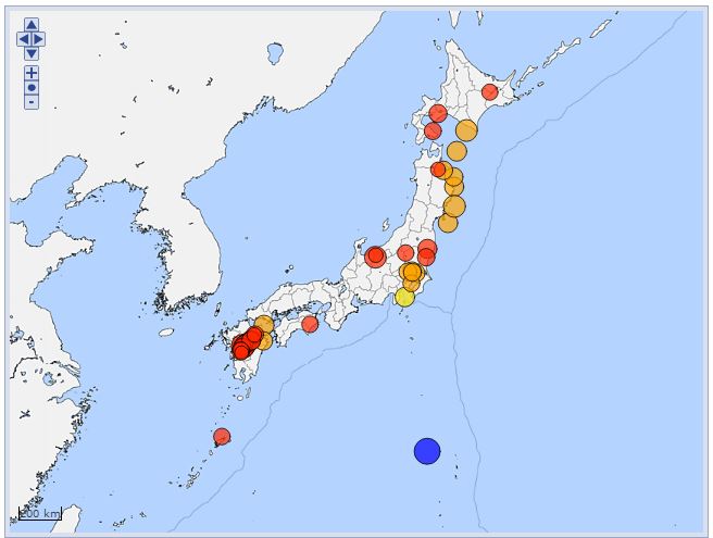 2013年7月1日〜2016年6月30日までの3年間で震度5弱以上の地震を観測した地点