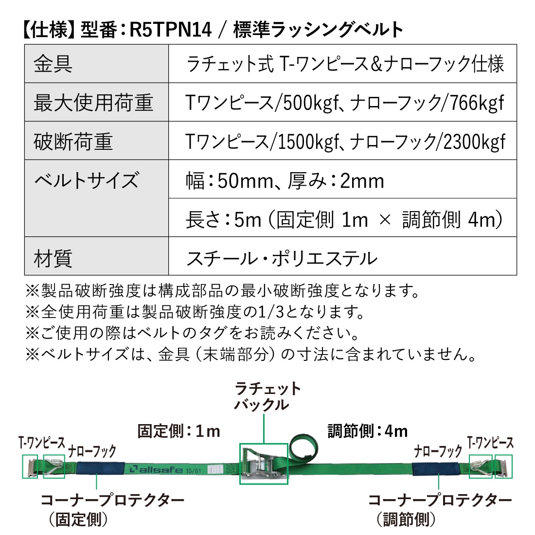 オールセーフ ラッシングベルト 長さ1+4m [ラチェット式Tワンピース